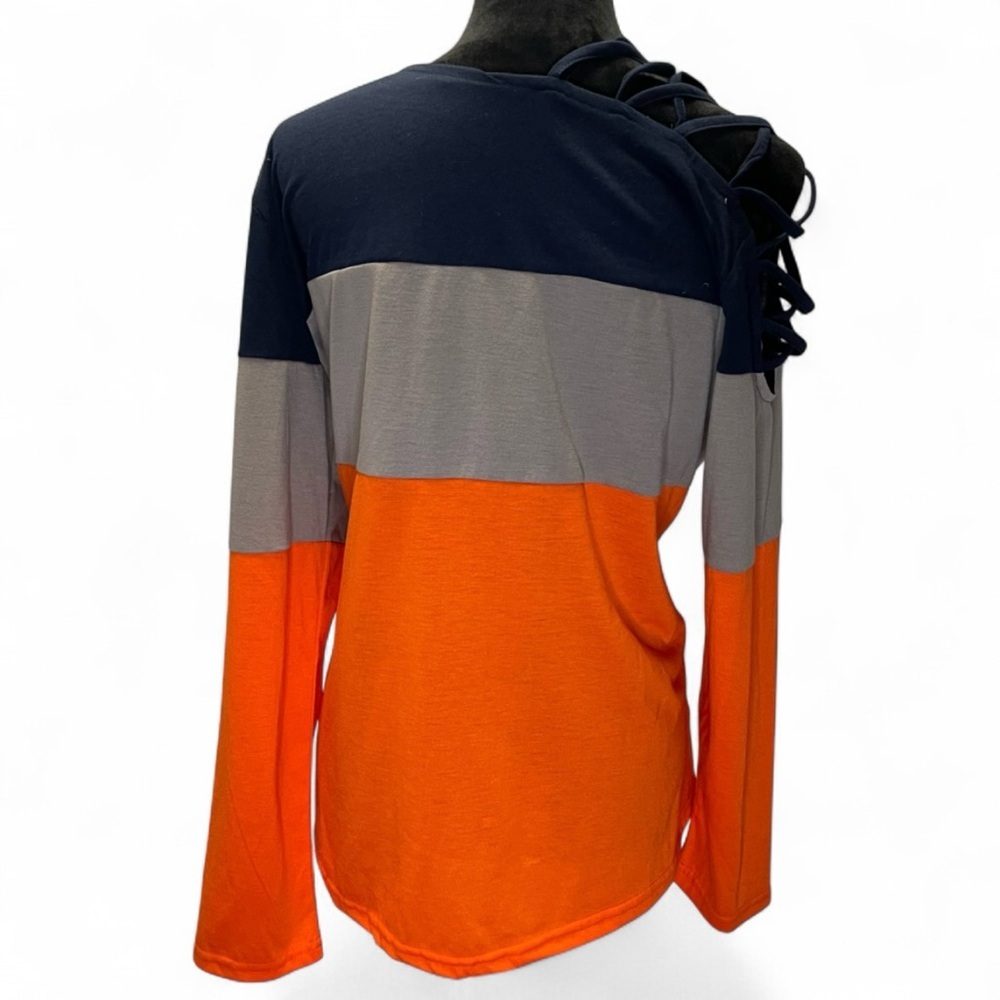 New Fashion Women's Color Block Lace-Up Cold-Shoulder Long Sleeve Top XL Orange